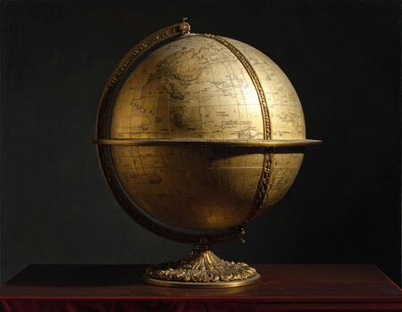 Golden antique globe with detailed map design and ornate stand placed on dark wooden surface, evoking sense of history and exploration in dimly lit setting photo