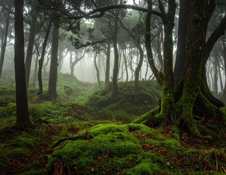 Moss covered forest floor with tall trees and fog creating mysterious and serene atmosphere in dense woodland area photo