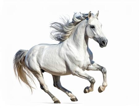 White horse running fast with flowing mane and tail isolated on white background showing power and grace photo