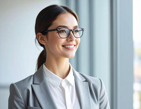 Young woman smiling wearing eyeglasses and business suit looking out window with confident and happy expression in modern office environment photo