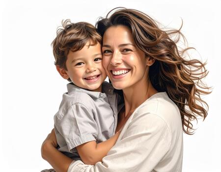 A woman and a child are smiling and hugging photo