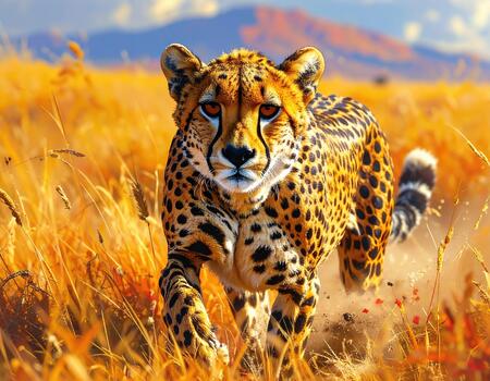 Cheetah running fast through golden grassland with intense focused eyes and dynamic motion in bright natural light photo