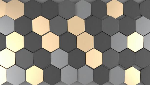 A wall with a geometric pattern of gold and silver hexagons photo