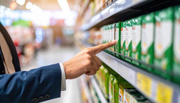 A man in a suit is selecting a product from a shelf photo