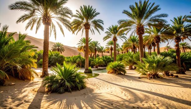 Palm trees in the desert with the sun shining photo