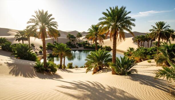 A desert with palm trees and a pond photo