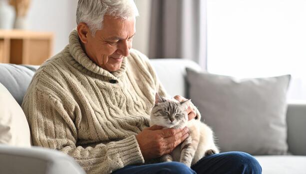 An older man is sitting on a couch holding a cat photo