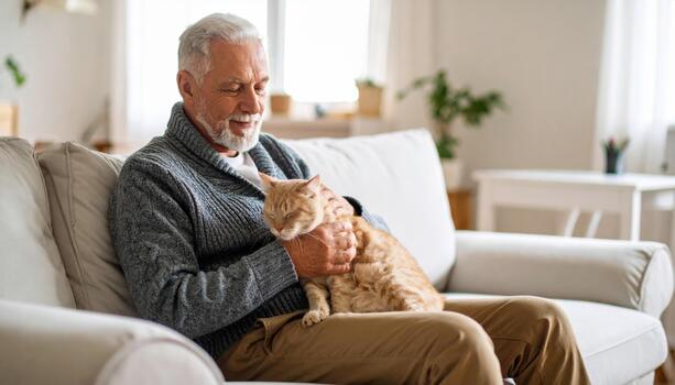 Senior man sitting on couch with cat photo