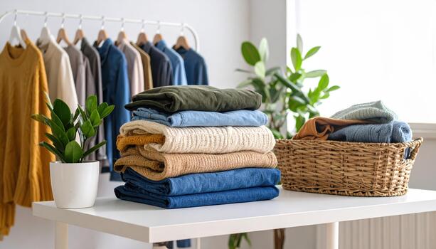 A stack of folded clothes on a table photo