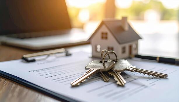 Keys and house model on a desk photo