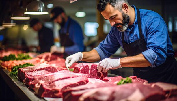 A man in an apron is cutting meat on a counter photo