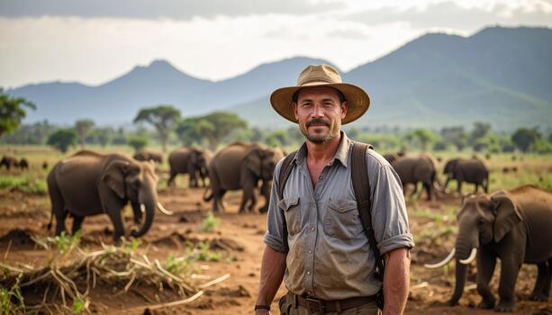 A man in a hat standing in front of elephants photo