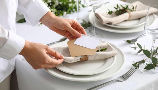Person placing blank card on napkin at elegant table setting with white plates, silver fork, wine glasses, and green foliage, creating refined and inviting atmosphere for event or dinner photo