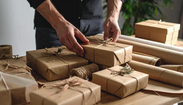 A man is wrapping presents on a table photo
