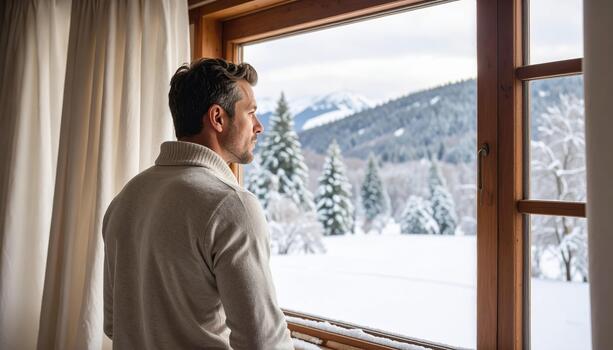 A man looking out a window at a snowy mountain photo
