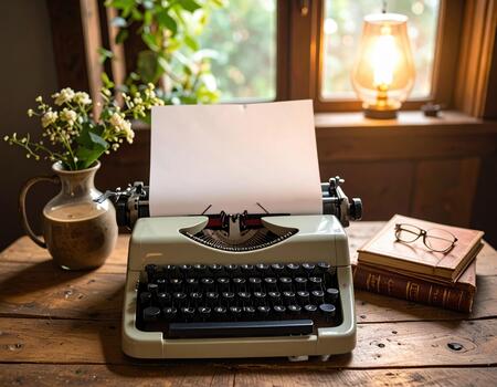 An old typewriter sits on a wooden table with a sheet of paper and a vase of photo