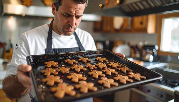 Baker holding tray of freshly baked gingerbread cookies shaped like people with colorful sprinkles in warm kitchen setting, showing focus and care in process photo