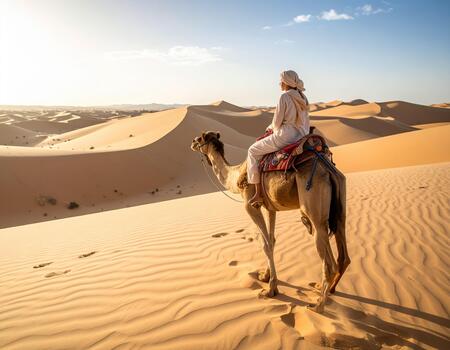Person riding camel in desert with sand dunes under clear sky during daytime, evoking sense of adventure and solitude in vast arid landscape photo