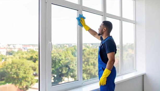 Person in blue overalls and yellow gloves is cleaning large window with blue cloth, overlooking scenic view of trees and buildings. scene conveys sense of cleanliness and professionalism photo