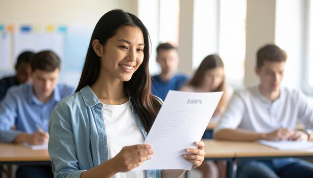 Student in classroom smiles while holding paper with perfect score, surrounded by classmates focused on their work. atmosphere is positive and academic photo