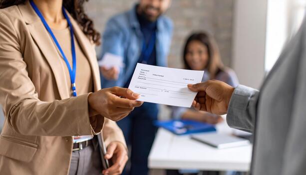 Person handing check to another person in office environment with colleagues in background showing business transaction and teamwork concept photo