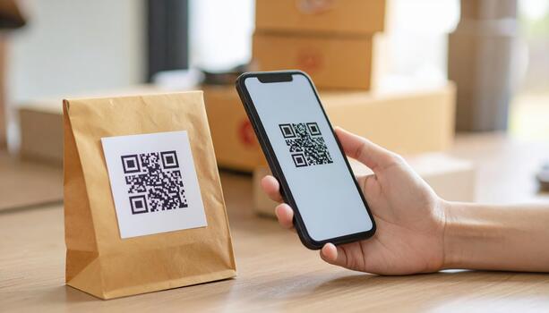 A person holding a smartphone with qr code on the screen and a brown paper bag with a photo