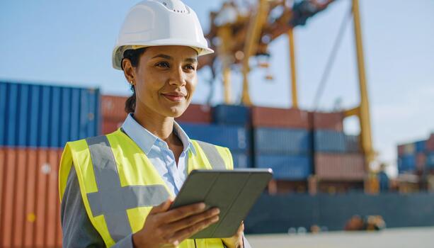 Female engineer in safety vest and helmet using digital tablet at shipping container yard with cranes and cargo in background, showing confident expression photo