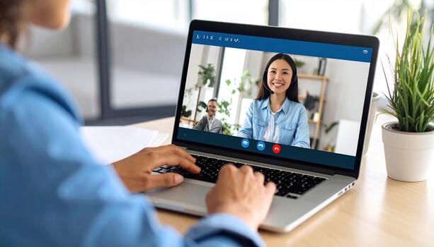 Person using laptop for call with smiling woman and man on screen, modern home office setting with plant and natural light, remote communication concept photo