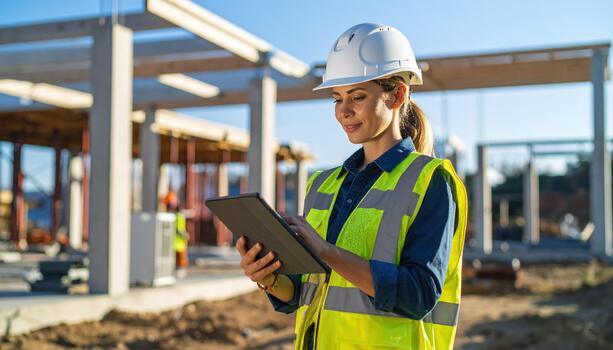 Female construction worker wearing safety helmet and reflective vest using digital tablet at building site with steel frame structure in background on sunny day photo