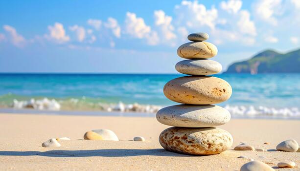 Stack of smooth stones on sandy beach with blue ocean and sky background, evoking calm and peaceful feeling in natural coastal setting photo