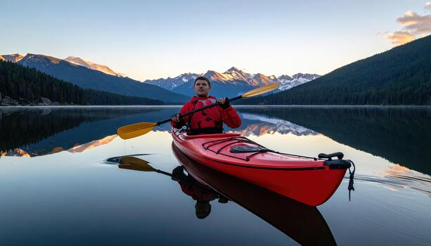 Man kayaking on calm lake with mountain reflection during sunset, wearing red jacket and holding yellow paddle, surrounded by forest and snow capped peaks photo