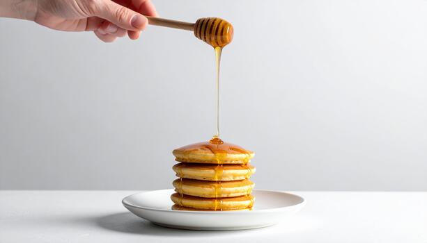 Stack of pancakes with honey dripping from wooden honey dipper held by hand on white plate and light background photo