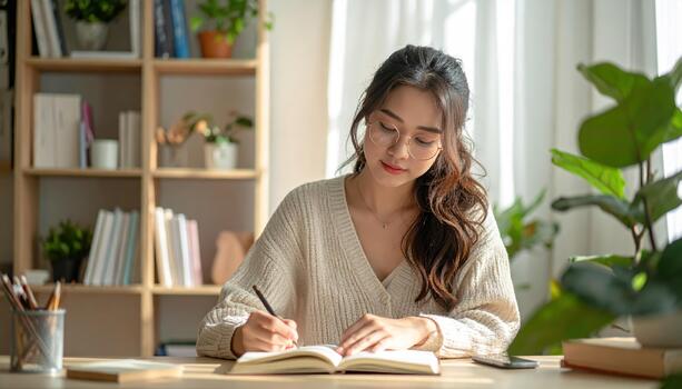 Young woman writing in notebook at desk with bookshelf and plants in cozy room, focused and calm expression, natural light photo