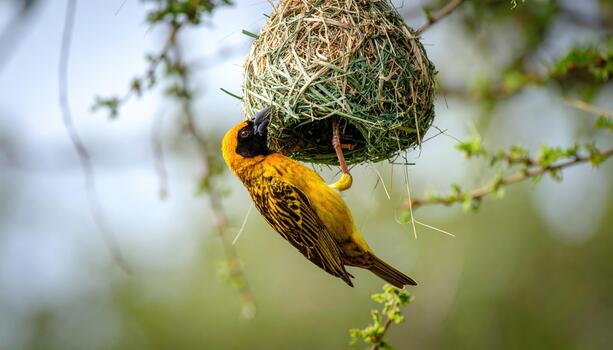 Yellow bird hanging on nest in tree with blurred background, vibrant feathers and natural habitat in outdoor environment photo