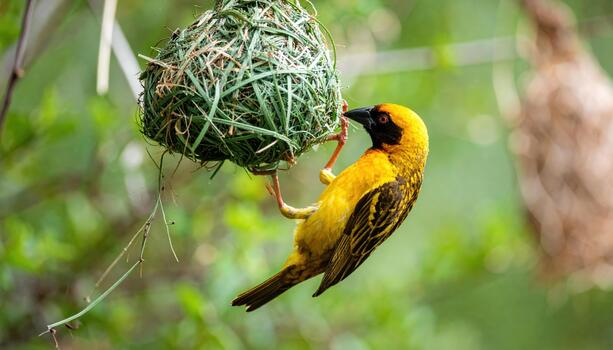 Yellow bird with black face building nest with grass in natural green environment, showing detailed feathers and delicate nest structure in vibrant outdoor scene photo