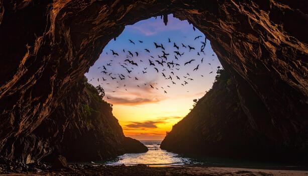 Flock of birds flying out of dark cave opening towards colorful sunset sky over ocean, creating peaceful and natural scene photo