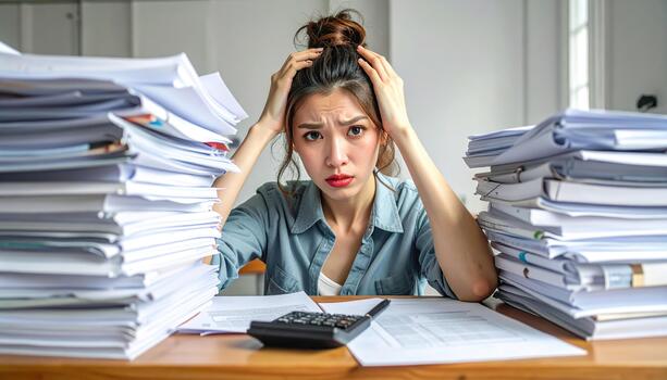 Stressed woman with paperwork and calculator, overwhelmed by work, sitting at desk with large stacks of documents, anxious expression photo