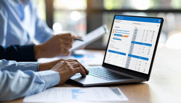 Businessman working laptop with financial data and charts, office environment with natural light, hands typing keyboard, blurred background with colleague holding tablet, teamwork and analysis photo