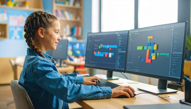 Young girl coding on computer with dual monitors showing colorful blocks, focused on programming in bright room with books and natural light photo