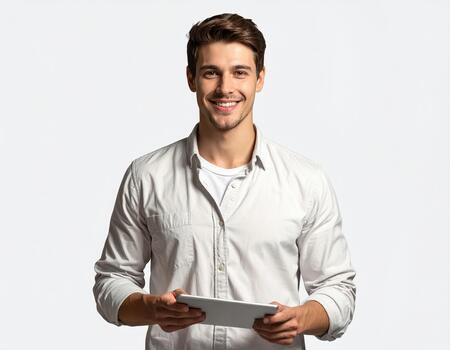 A man is holding a tablet computer photo