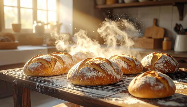 A bunch of breads on a table with steam coming out of them photo