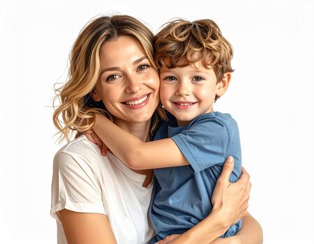 A woman and a child are hugging each other photo