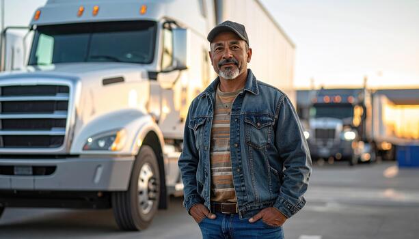 A man standing in front of a semi truck photo