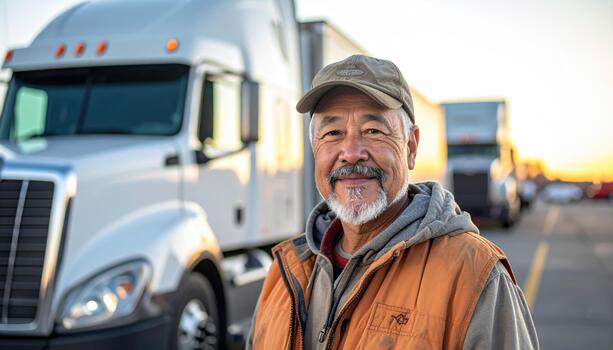 A man with a beard and hat standing in front of a semi truck photo