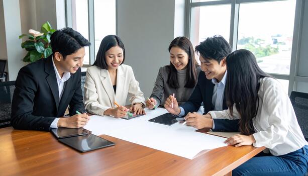 Young adult business people working together at office table with digital tablet and paper, smiling and collaborating on project in bright meeting room photo