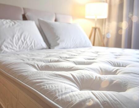 White mattress with pillows in cozy bedroom setting with warm lighting and soft focus background creates peaceful and inviting atmosphere for restful sleep photo