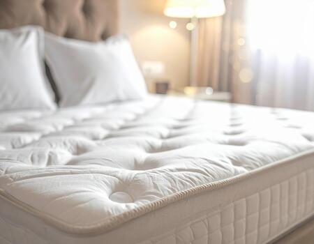 White mattress with soft pillows on bed in cozy bedroom with warm light creating relaxing atmosphere photo