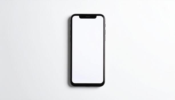Smartphone with blank white screen on white background, modern mobile device with black frame, minimalistic technology concept with empty display for app or message, clean and simple design photo