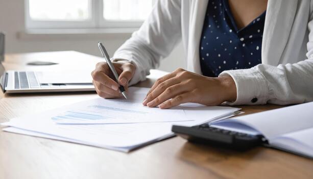 Person writing on document with pen at desk, working with papers and laptop in office environment, focused on task photo
