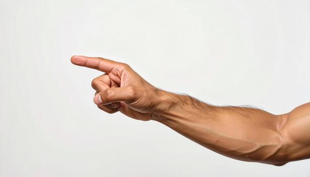 Pointing hand with visible veins and hair on arm, isolated on white background, showing gesture and skin texture with natural lighting photo